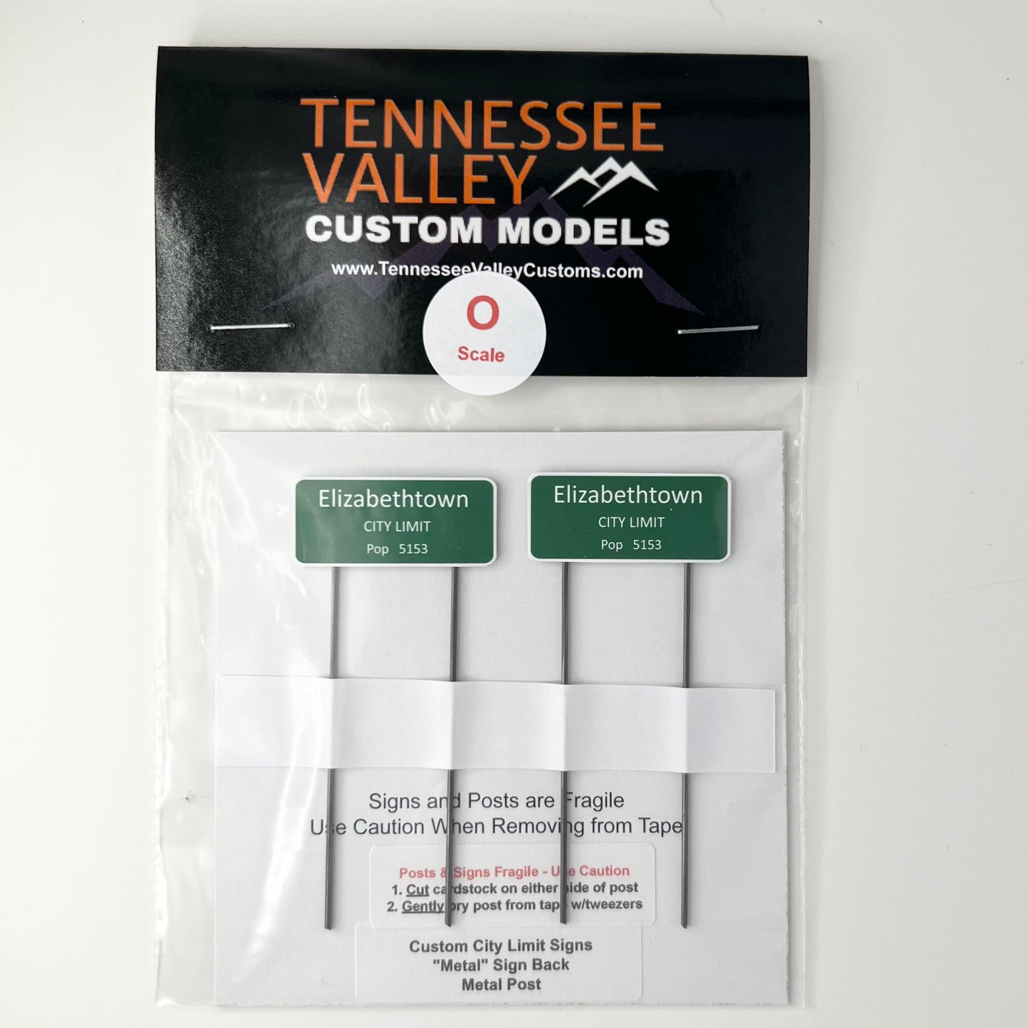 City Limit Sign, Green Background, White Lettering, metal poles, Model Railroad Road Signs, Model Railway Signs, HO Scale, HO Gauge, N Scale, N Gauge, S Scale, S Gauge, O Scale, O Gauge, Layout