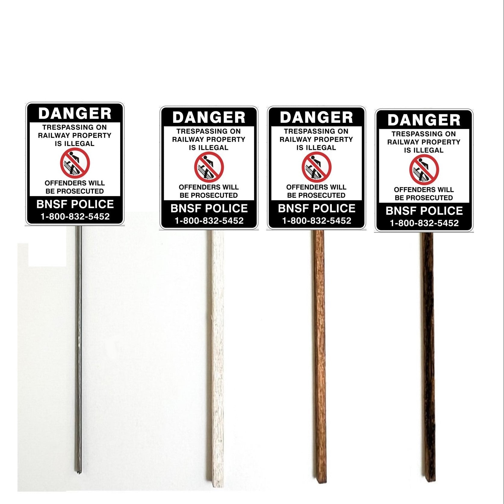 Burlington Northern Santa Fe Railroad Company Danger Warning Sign, Model Railroad Sign, Model Railway Sign, Gold Diamond Firetruck, O Gauge, O Scale, N Gauge, N Scale, HO Gauge, HO Scale, S Gauge, S Scale, Metal Pole, Wood Pole, Creosote Pole, Whitewash Pole, BNSF