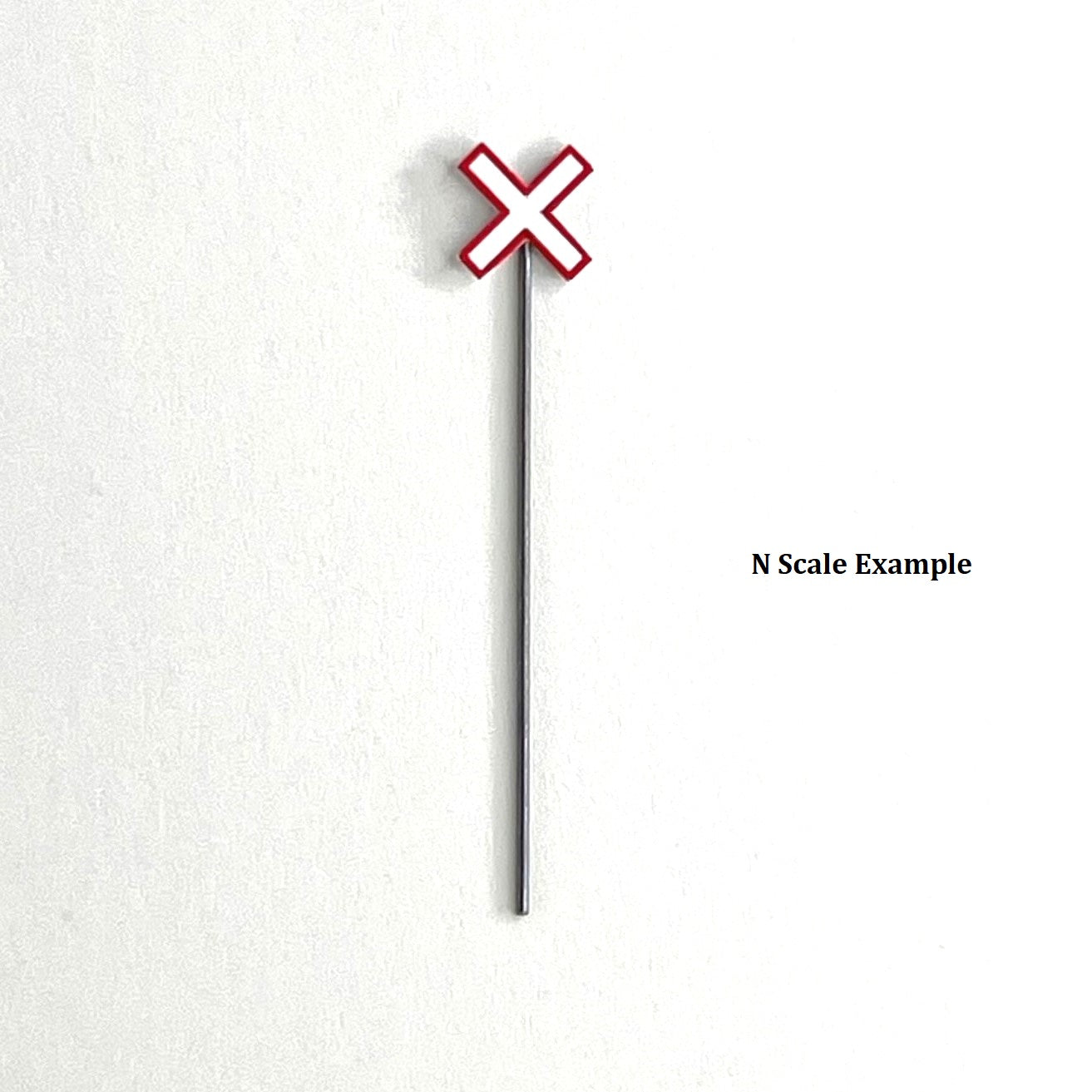 Model Railway Sign, Model Railroad Sign, Modern Canadian Cross bucks,Red Outline, White background, x shape, four pack, Model Railroad Layout, Diorama, metal pole, white post, brown post, Scale, O Gauge, N Scale, N Gauge, HO Scale, HO Gauge, S Scale, S Gauge