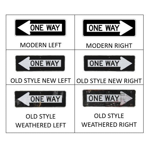 One Way Sign, Black Rectangle, White Arrow, Model Train Sign, Model Railroad Sign, Model Railway Sign, O Gauge, O Scale, N Gauge, N Scale, HO Gauge, HO Scale, S Gauge, S Scale, Metal Pole , Wood poles, Modern, Old Style New, Old Style Weathered