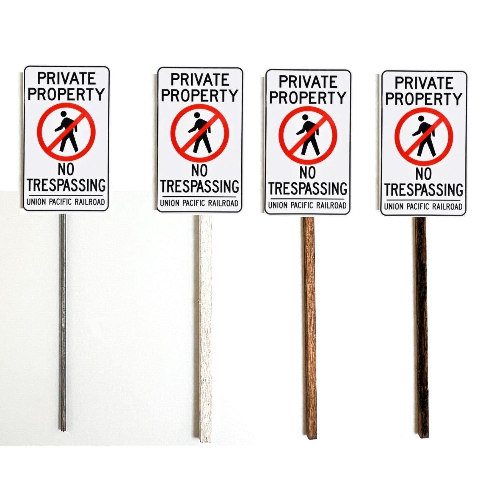 Union Pacific Private Property No Trespassing Model Railroad Sign, Model Railway Sign, Gold Diamond Firetruck, O Gauge, O Scale, N Gauge, N Scale, HO Gauge, HO Scale, S Gauge, S Scale, Metal Pole, Wood Pole, Whitewash Pole, Creosote Pole