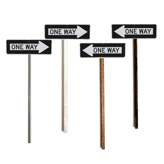 Old Style Embossed looking One Way Sign,  Black Rectangle, White Arrow, Model Train Sign, Model Railroad Sign, Model Railway Sign, O Gauge, O Scale, N Gauge, N Scale, HO Gauge, HO Scale, S Gauge, S Scale, Metal Pole , Wood poles