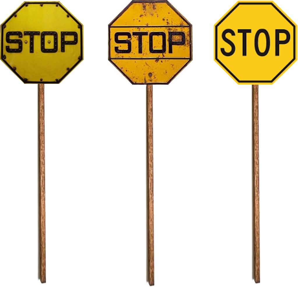 HO Scale - Yellow Stop Sign w/ Rivets and Cats Eyes - 4 Pack - LIMITED