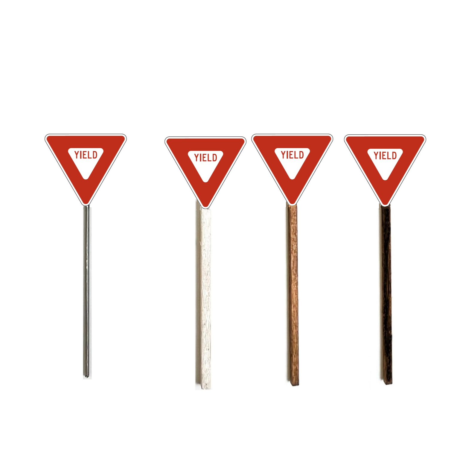 Modern Red Yield Sign, Model Train Sign, Model Railroad Sign, Model Railway Sign, O Gauge, O Scale, N Gauge, N Scale, HO Gauge, HO Scale, S Gauge, S Scale, Metal Pole, Whitewash Pole, Brown Wood Pole, Creosote Pole