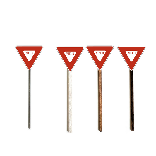 Modern Red Yield Sign, Model Train Sign, Model Railroad Sign, Model Railway Sign, O Gauge, O Scale, N Gauge, N Scale, HO Gauge, HO Scale, S Gauge, S Scale, Metal Pole, Whitewash Pole, Brown Wood Pole, Creosote Pole