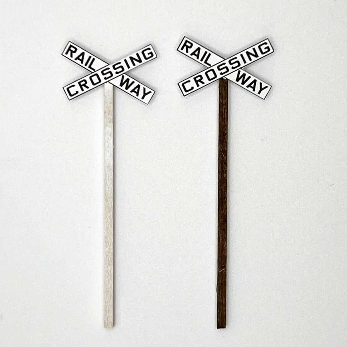 Model Railway Sign, Model Railroad Sign, Canadian Cross bucks, Railway Crossing black letters, White background, x shape, four pack, Model Railroad Layout, Diorama, metal pole, white post, brown post, Scale, O Gauge, N Scale, N Gauge, HO Scale, HO Gauge, S Scale, S Gauge