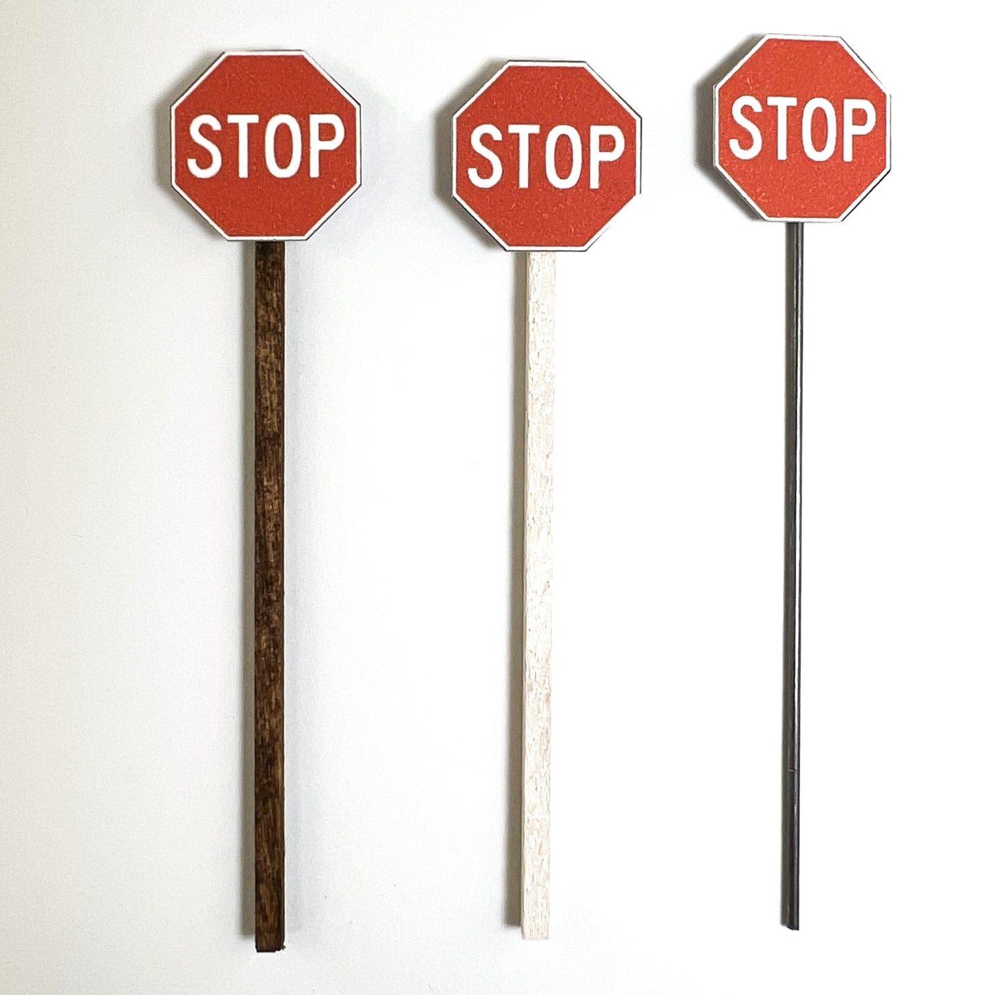 Model Railroad Stop Sign Red Octagon White lettering, brown wood, white wood or metal pole, S Gauge Stop Sign, N Gauge Stop Sign, O Gauge Stop Sign, HO Gauge Stop Sign, O Scale Stop Sign, S Scale Stop Sign, HO Scale Stop Sign