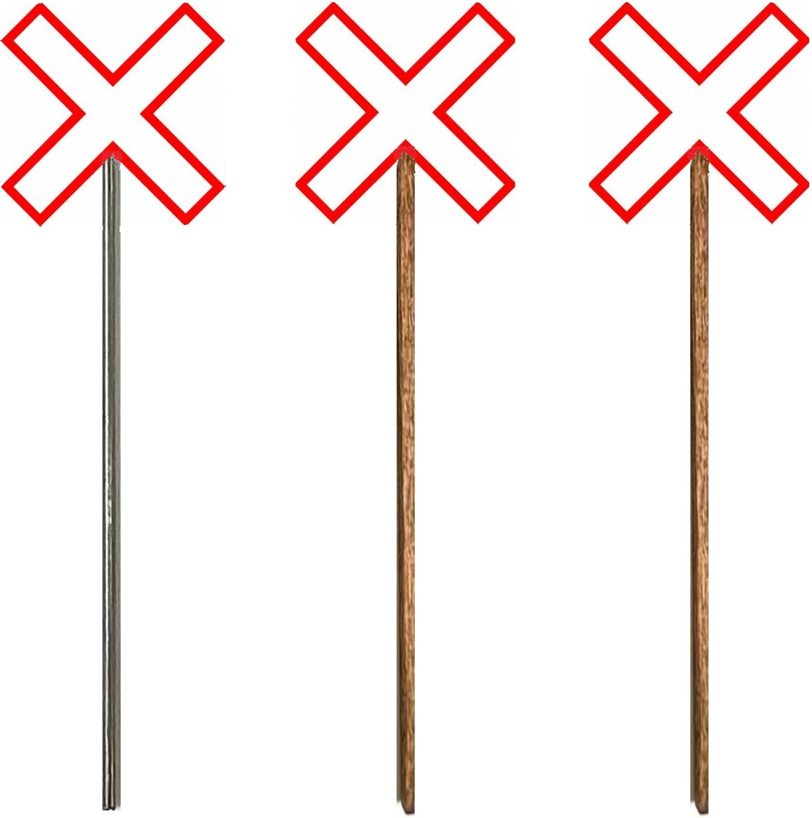 Model Railway Sign, Model Railroad Sign, Modern Canadian Cross bucks,Red Outline, White background, x shape, four pack, Model Railroad Layout, Diorama, metal pole, white post, brown post, Scale, O Gauge, N Scale, N Gauge, HO Scale, HO Gauge, S Scale, S Gauge