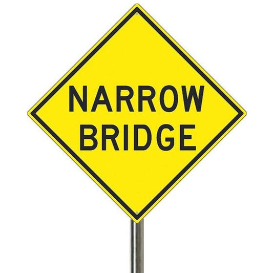 Model Railway Sign, Model Railroad Sign, Narrow Bridge Sign, Gold Background, Black Lettering, Hazard Marker, four pack, Model Railroad Layout, Model Train Sign, Diorama, metal pole, white post, brown post, Scale, O Gauge, N Scale, N Gauge, HO Scale, HO Gauge, S Scale, S Gauge