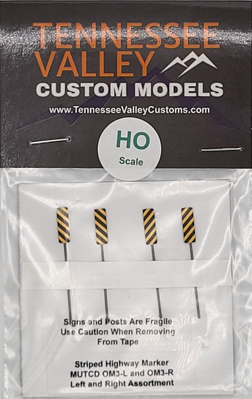 Model Railroad Hazard Markers, Model Railway Sign, Model Railroad Sign, Striped Highway Markers, MUTCD OM3L, OM3R, Yellow and Black, Layout, Diorama, metal pole, white post, brown post, Scale, O Gauge, N Scale, N Gauge, HO Scale, HO Gauge, S Scale, S Gauge