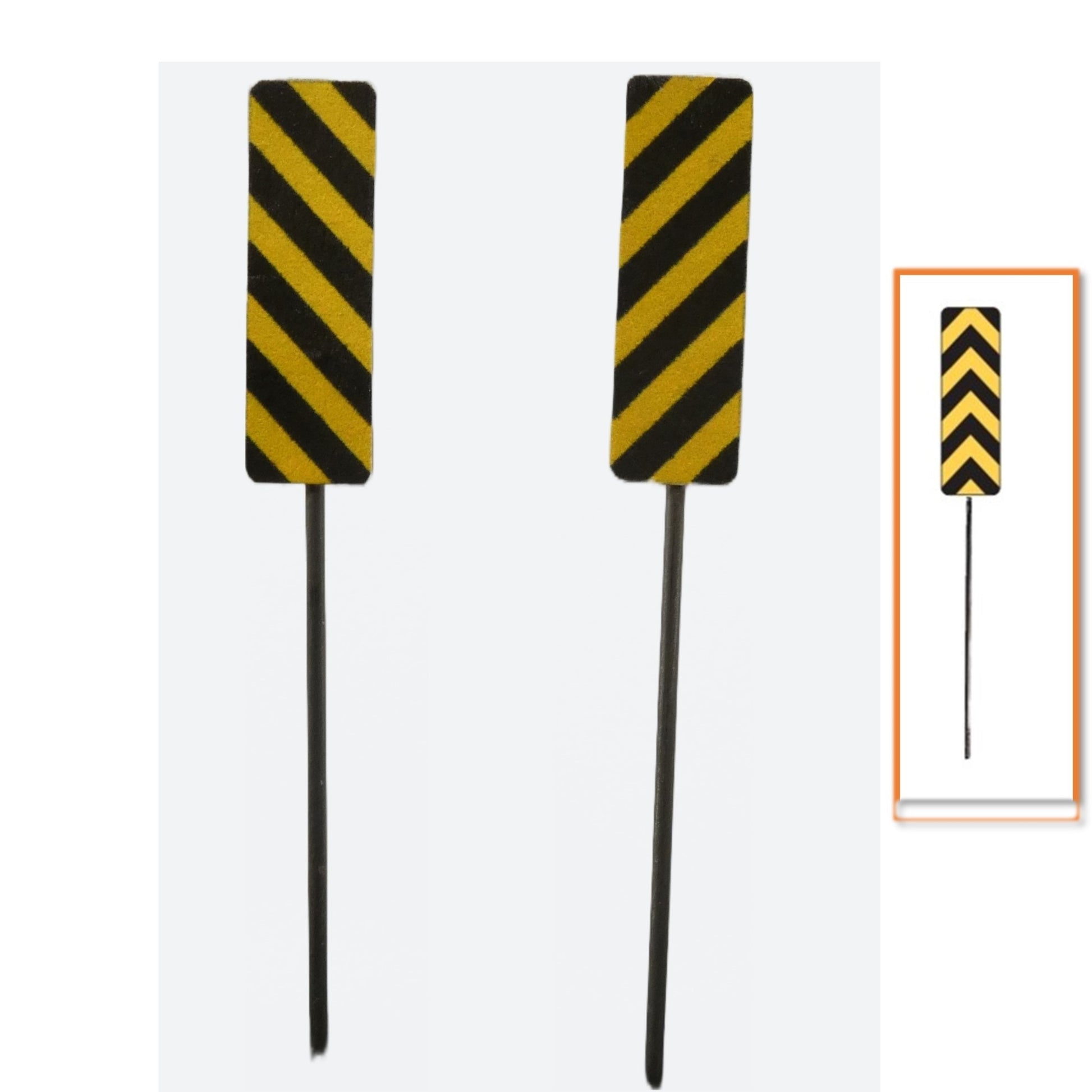 Model Railroad Hazard Markers, gold and black stripe, chevron style with metal pole. N Scale, N Gauge, O Scale, O Gauge, S Scale, S Gauge, Model Railway Sign, Chevron Signs