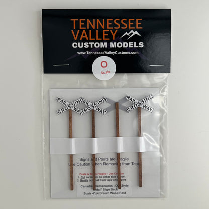 Model Railway Sign, Model  Train Sign,Model Railroad Sign, Canadian Cross bucks, Railway Crossing black letters, White background, x shape, four pack, Model Railroad Layout, Diorama, metal pole, white post, brown post, Scale, O Gauge, N Scale, N Gauge, HO Scale, HO Gauge, S Scale, S Gauge 