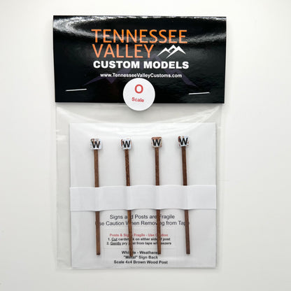 Weathered Whistle Stop 4 x4 brown wood post, Model Railroad Road Signs, Model Railway Signs, HO Scale, HO Gauge, N Scale, N Gauge, S Scale, S Gauge, O Scale, O Gauge, Layout 