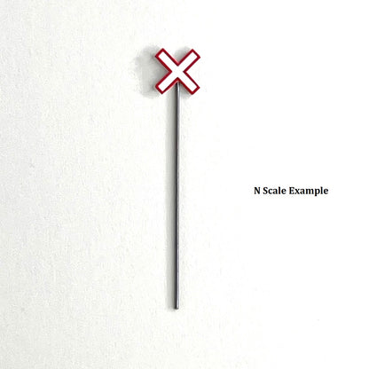 Model Railway Sign, Model Railroad Sign, Modern Canadian Cross bucks,Red Outline, White background, x shape, four pack, Model Railroad Layout, Diorama, metal pole, white post, brown post, Scale, O Gauge, N Scale, N Gauge, HO Scale, HO Gauge, S Scale, S Gauge 
