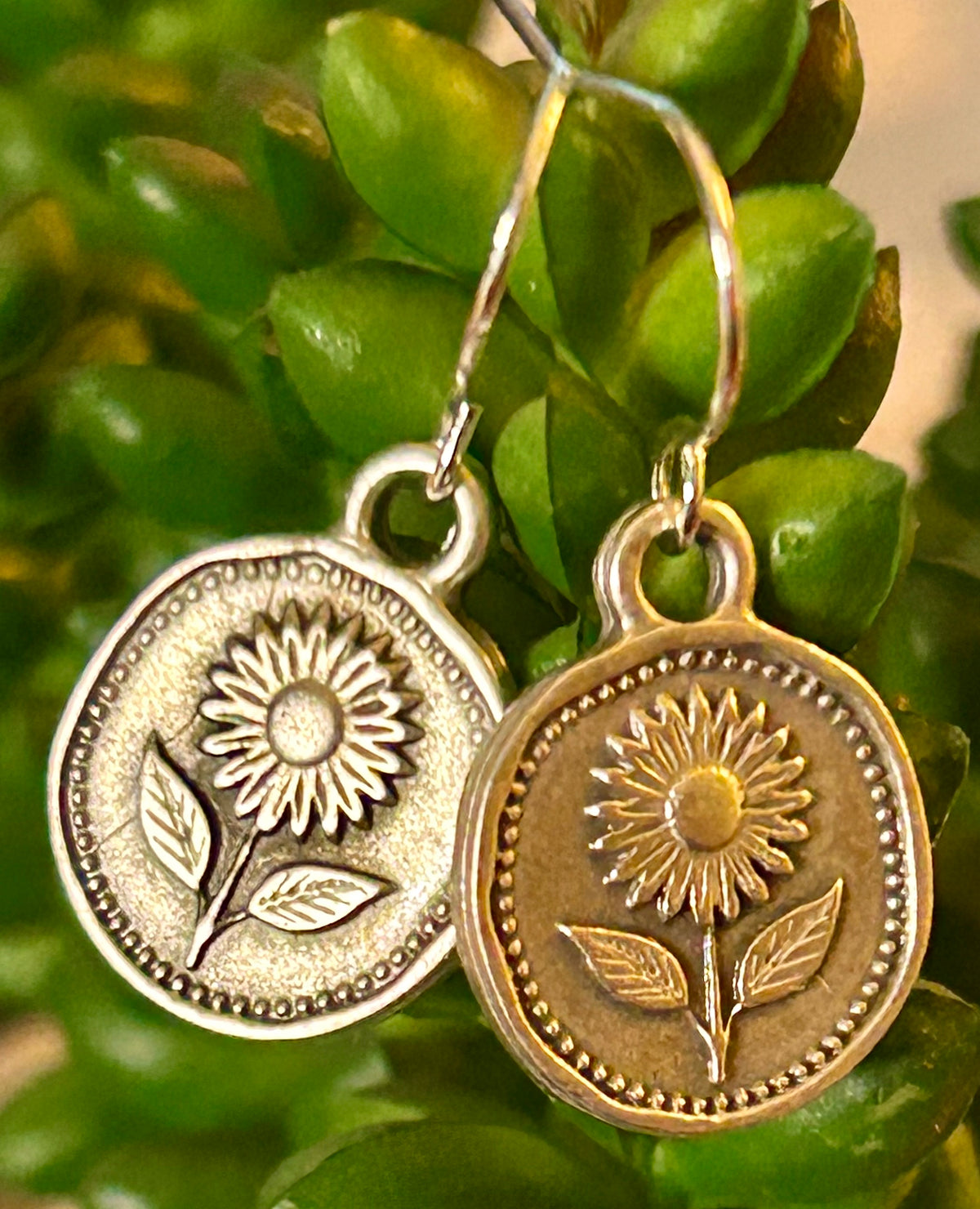 Vintage Sunflower Coin Charm Earrings
