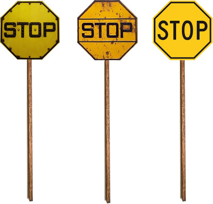 HO Scale - Yellow Stop Sign w/ Rivets and Cats Eyes - 4 Pack - LIMITED