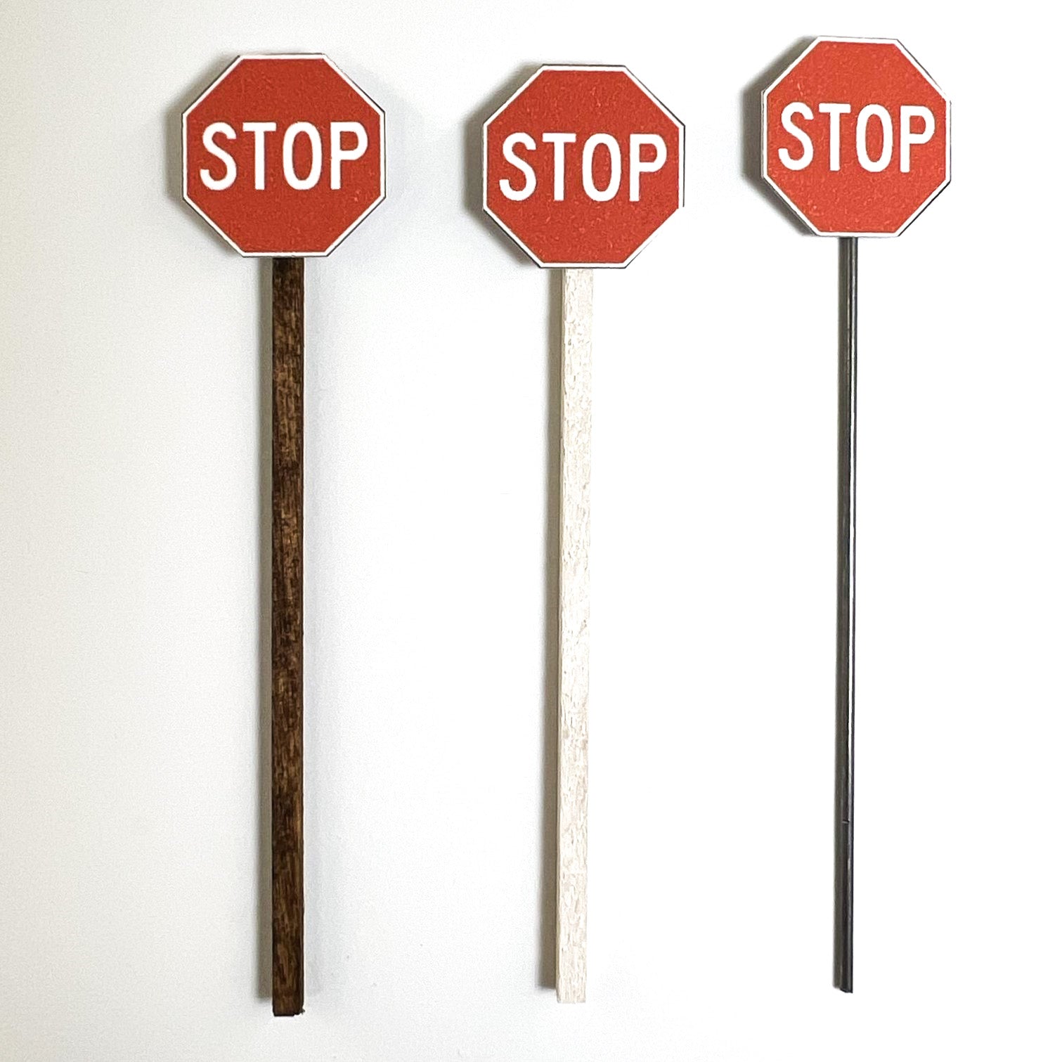 Model Railroad Stop Sign Red Octagon White lettering, brown wood, white wood or metal pole, S Gauge Stop Sign, N Gauge Stop Sign, O Gauge Stop Sign, HO Gauge Stop Sign, O Scale Stop Sign, S Scale Stop Sign, HO Scale Stop Sign